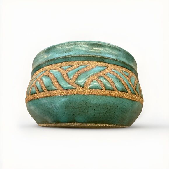 Peggy VRANA Studio Pottery Teal Wax Resist 1980s Large Soup Mug RARE Stoneware